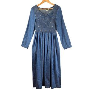 VTG Blue Denim Dress Midi Smocked Bodice High Waist Rhinestones Sz M Bossy